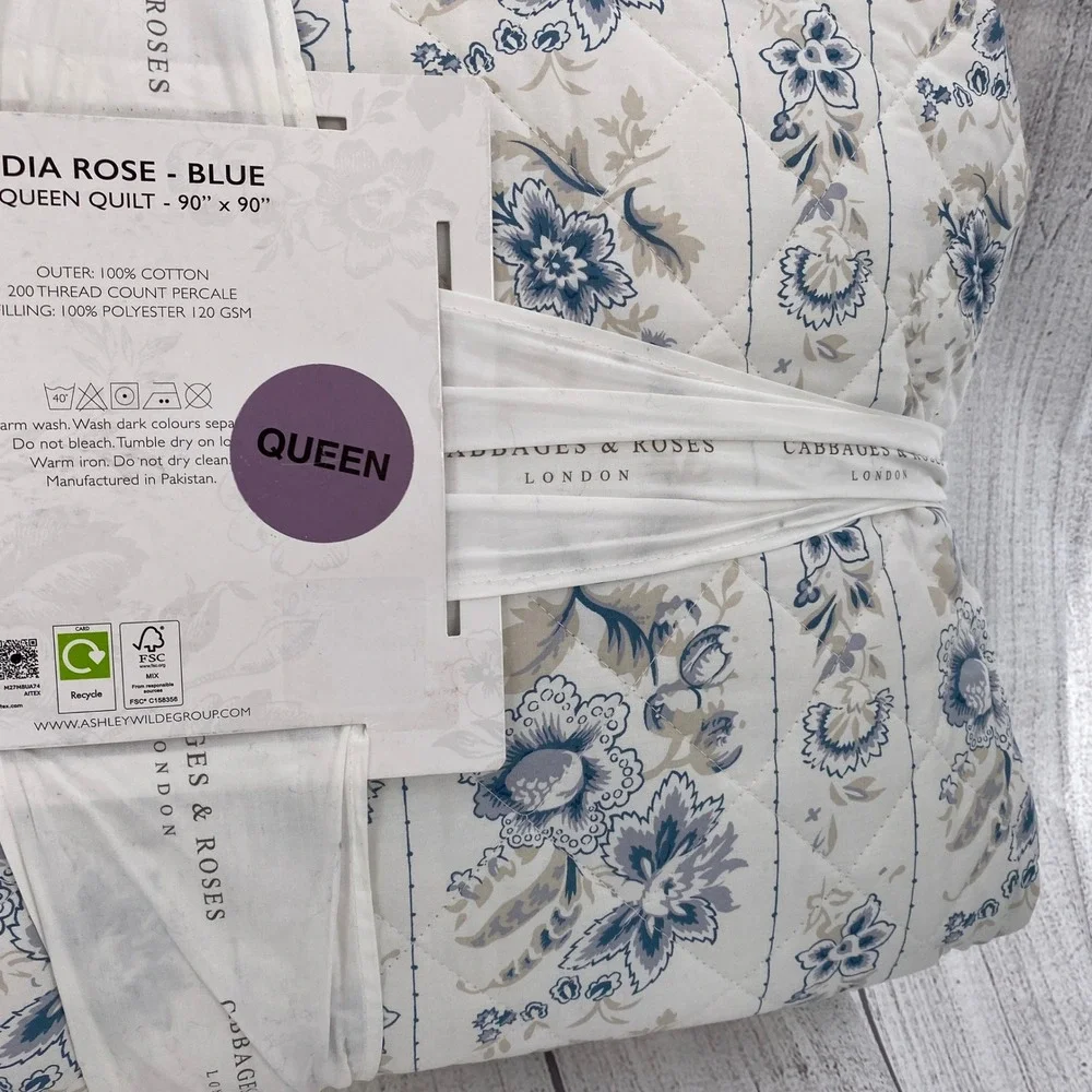 Cabbages & Roses India Rose Queen Quilt Blue Floral Cotton Percale Cottagecore
